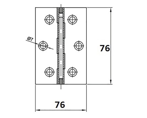 Desen tehnic al unei balamale de ușă cu dimensiunile de 76 x 76 milimetri și un diametru al orificiului șurubului de 7 milimetri.