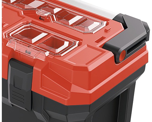 Vizualizare detaliată a unei cutii de scule cu capac transparent