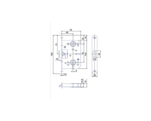 Desen tehnic al unei încuietori de ușă cu dimensiuni.