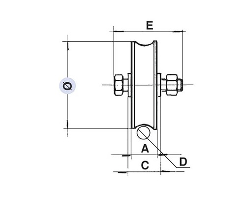 Desen tehnic al unei roți cu dimensiunile A, C, D, E și Q.