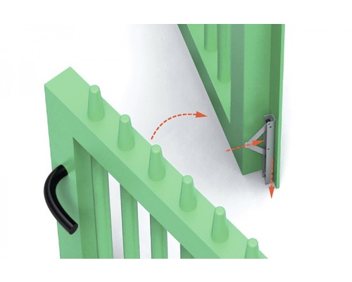 Detaliu al unei porți de grădină cu mâner și elemente de fixare aferente