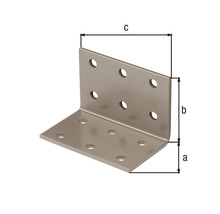 Conector unghiular cu găuri și indicații de dimensiune.