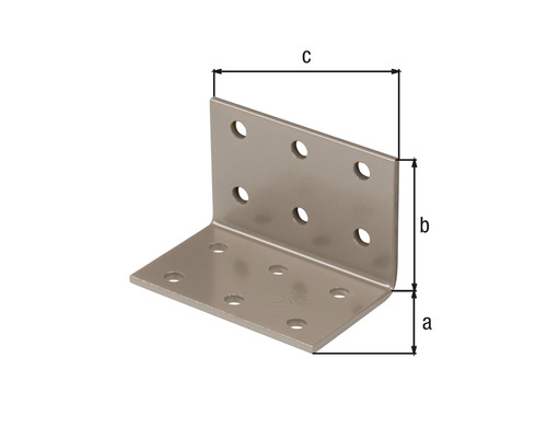 Conector unghiular cu găuri și indicații de dimensiune.