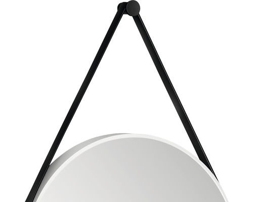 Detaliu al unei oglinzi rotunde cu suspensie neagră