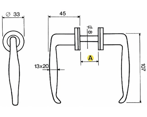 Desen tehnic al unui mâner de ușă cu dimensiuni