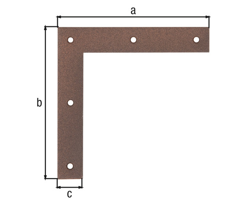 Conector unghiular cu găuri și dimensiunile a, b, c.