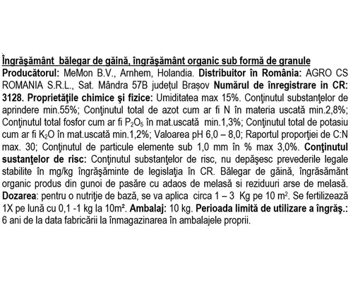 Informații despre îngrășământ din bălegar de găină, organic, sub formă de granule
