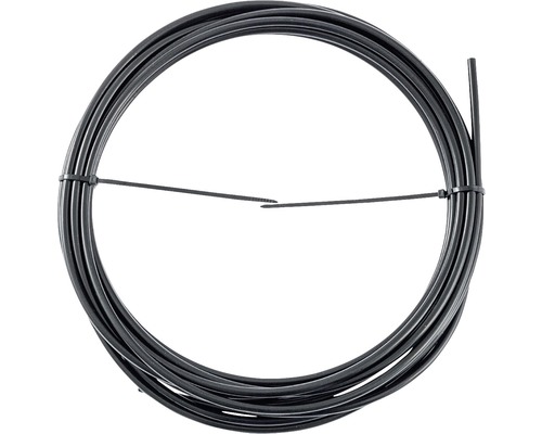 Cablu Bowden negru pentru biciclete, înfășurat și fixat cu o legătură de cablu.