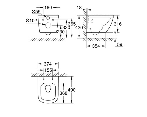 Desen tehnic al unui WC suspendat cu dimensiuni