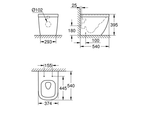 Desen tehnic al unui WC suspendat cu dimensiuni