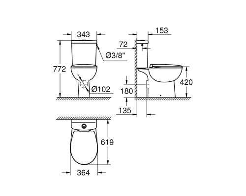 Desen tehnic al unui WC de podea cu dimensiuni
