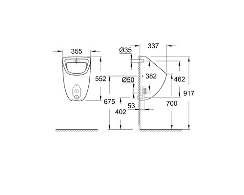 Desen tehnic al unui pisoar cu dimensiuni pentru instalare