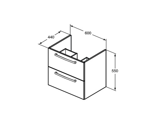 Desen cu dulap de bază pentru lavoar cu sertare și dimensiuni.