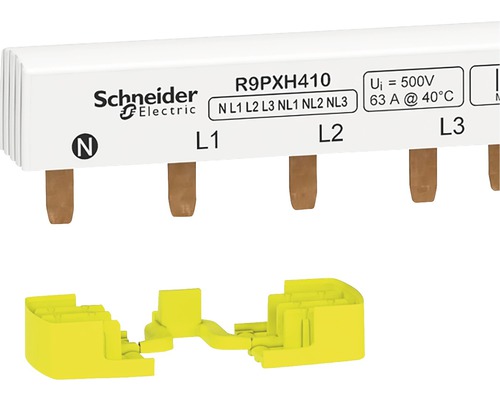 Logo Schneider Electric. Bară de alimentare cu accesorii galbene.
