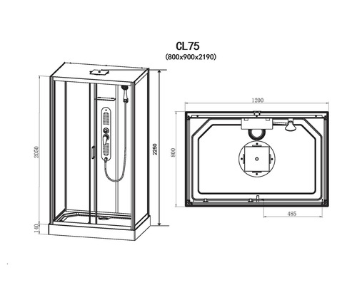 Desen tehnic al unei cabine de duș cu dimensiuni.