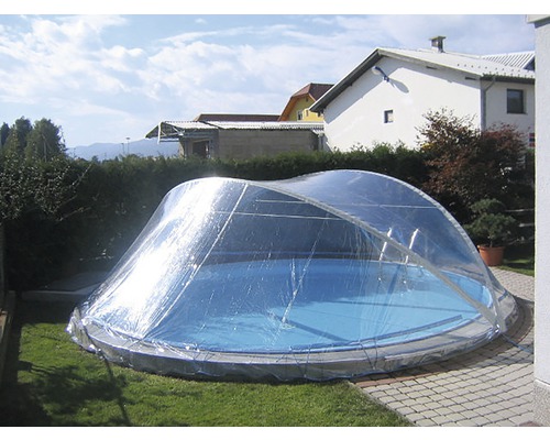 Copertină de piscină peste o piscină rotundă în grădină