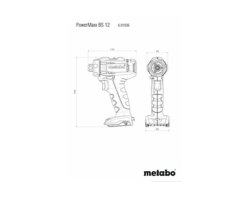 Desen tehnic al mașinii de găurit și înșurubat cu acumulator Metabo PowerMaxx BS 12 cu dimensiuni