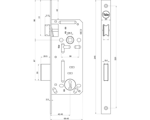 Desen tehnic al unei încuietori îngropate Yale cu dimensiuni