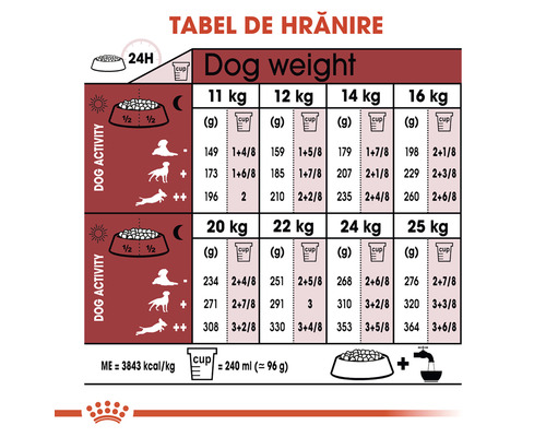 Tabel de hrănire pentru câini cu informații despre greutate și cantitatea de hrană