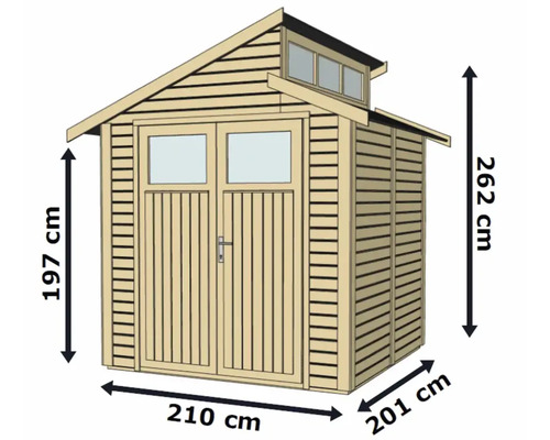 Imagine cu o căsuță de grădină cu dimensiunile: înălțime 262 cm, lățime 210 cm, adâncime 201 cm.