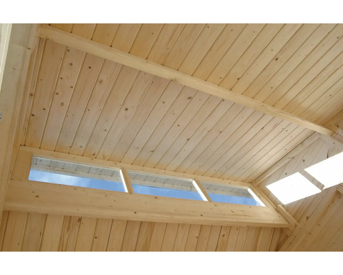 Vedere interioară a unei case din lemn cu lambriuri pe tavan și ferestre