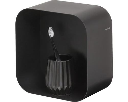 Raft negru de perete cu suport pentru periuța de dinți și periuță de dinți