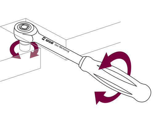 Ilustrație cu o cheie cu clichet în acțiune cu sigla WGB Das Werkzeug.