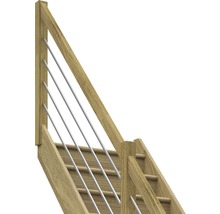 Prim-plan al unei scări cu trepte din lemn și balustradă cu bare metalice.