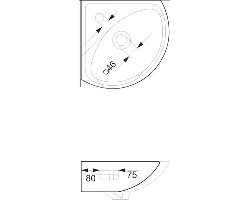 Desen tehnic al unei chiuvete de colț cu dimensiuni
