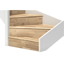 Prim-plan cu trei trepte din lemn cu balustradă albă.