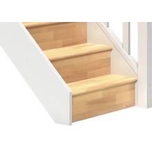 Prim-plan cu o scară din lemn cu balustradă albă