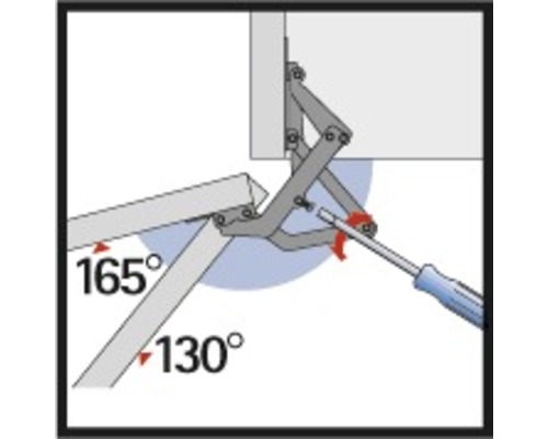 Ilustrație a unei feronerii cu clapetă cu o șurubelniță pentru reglarea unghiului de deschidere
