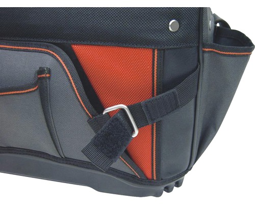 Vizualizare detaliată a unei genți de scule cu mai multe compartimente