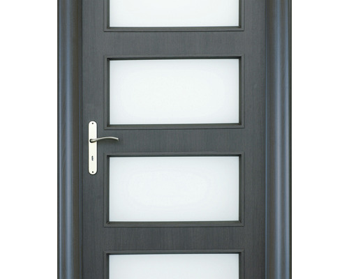 Ușă interioară gri cu inserții de sticlă și mâner