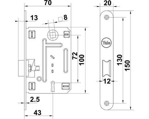 Desen tehnic al unei broaște îngropate Yale cu dimensiuni