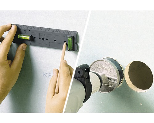 Persoană care folosește o nivelă și un creion pe un perete și folosește un ferăstrău circular pentru o gaură