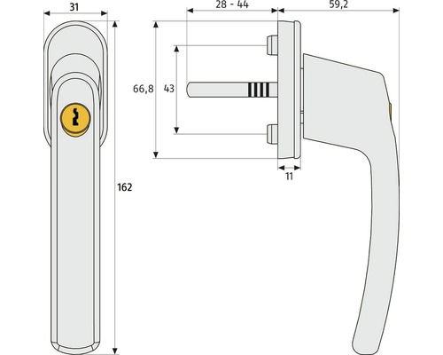 Desen tehnic al unui mâner de fereastră cu dimensiuni