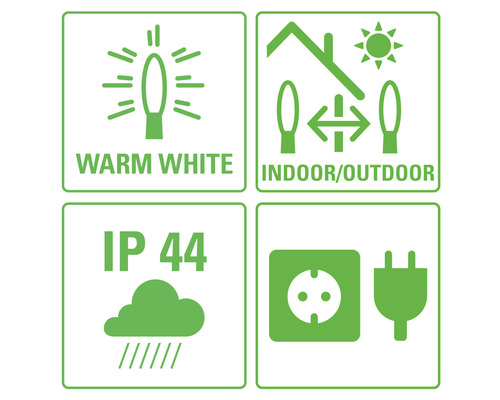 Simboluri pentru lumină albă caldă, utilizare în interior și exterior, grad de protecție IP44 și priză