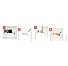 Ilustrație a patru pași pentru proiectarea unui tricou cu cuvântul Putere