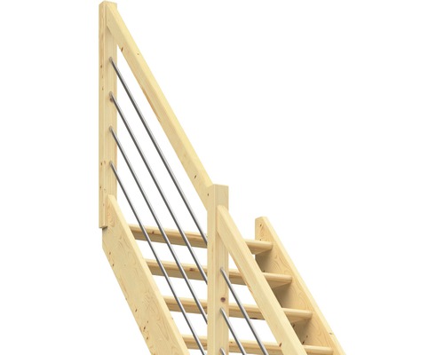Scară din lemn cu balustradă cu bare metalice