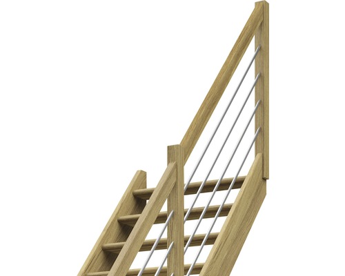 Scară din lemn cu balustradă și bare metalice