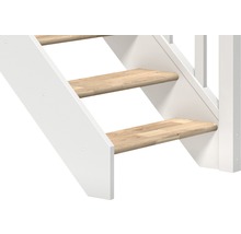 Imagine detaliată cu o scară cu trepte din lemn și balustradă albă.
