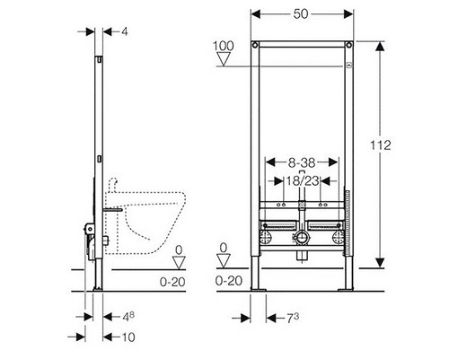 Desen tehnic al unui element de montaj frontal cu dimensiuni pentru un WC suspendat