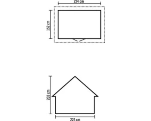 Dimensiunile căsuței de grădină: 224 centimetri lățime, 152 centimetri adâncime, 203 centimetri înălțime