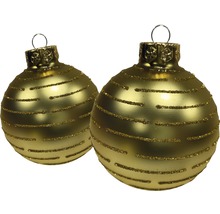 Două globuri aurii de Crăciun cu dungi sclipitoare