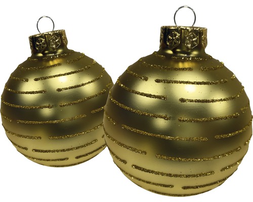 Două globuri aurii de Crăciun cu dungi sclipitoare