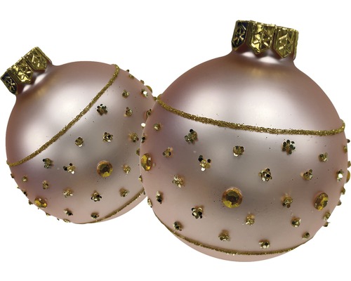 Două globuri de pom cu dungi decorative și pietre ornamentale