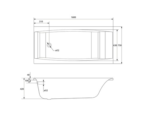 Desen tehnic al unei căzi cu dimensiuni.