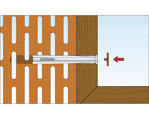 Ilustrație a fixării unui șurub cu diblu într-un perete