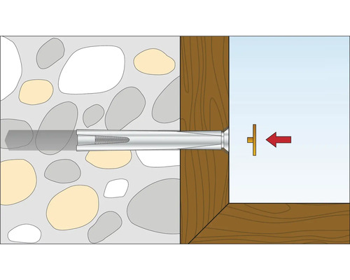 Ilustrație a unei ancore cu șurub într-un perete de piatră, fixată de un cadru de lemn.